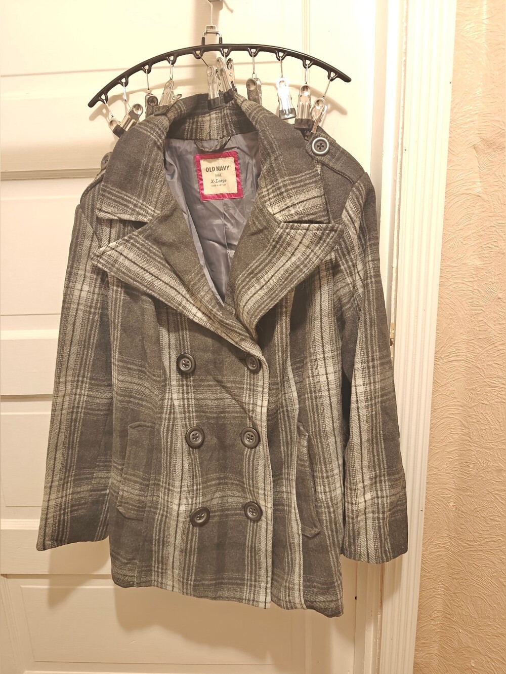 Old Navy Women's Gray Plaid Wool Blend Pea Coat Double Breasted Lined XL